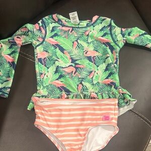 Ruffle Butts Flamingo and Leaf Print Rashguard Set